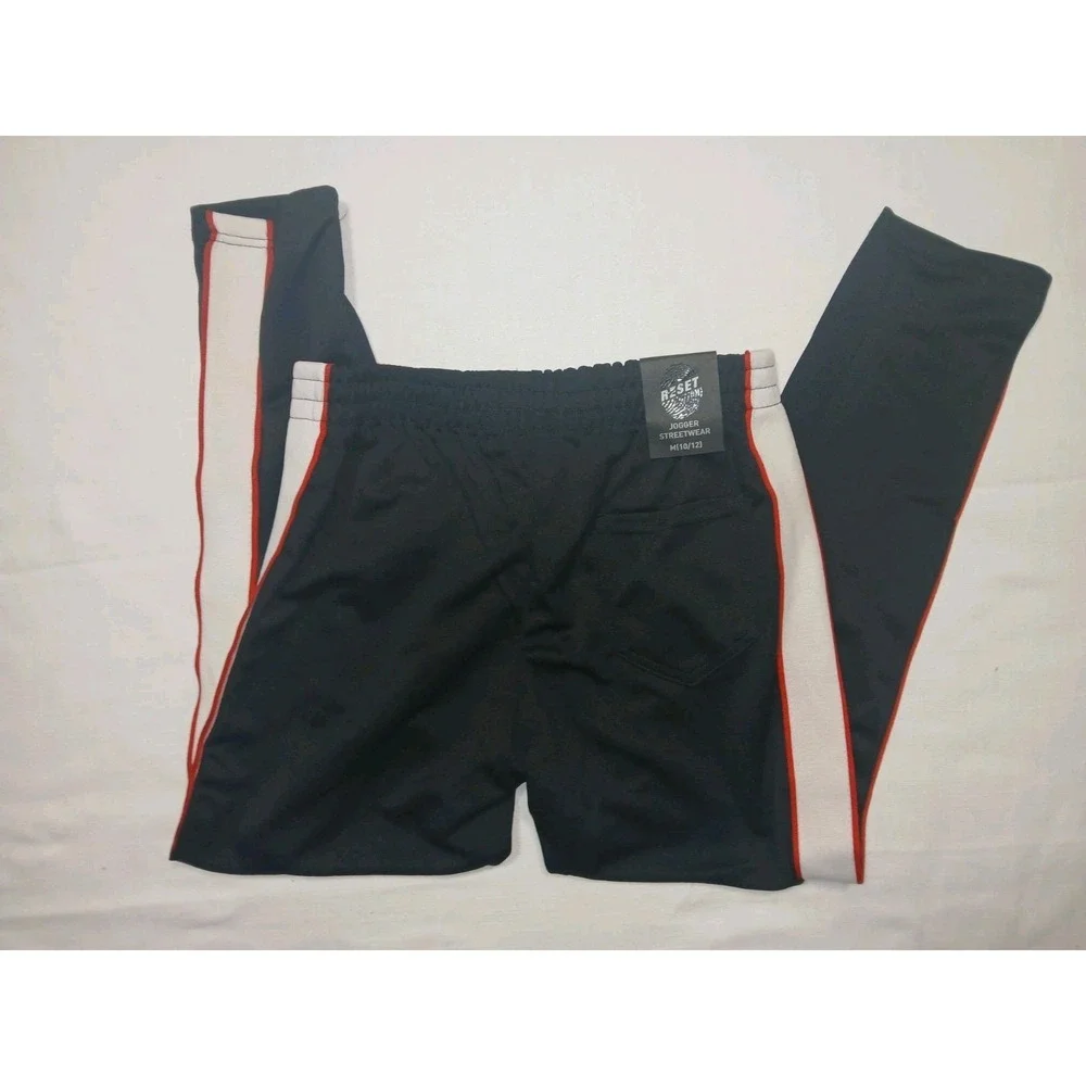Reset Boys Tricot Track Pants Black White Red Side Stripe Sz 10/12